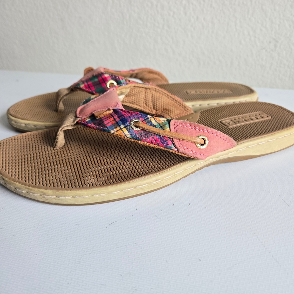 Sperry Top-Sider‎ Womens 9.5M Plaid Thong Flip Flop Sandals Pink Tan 9698143
